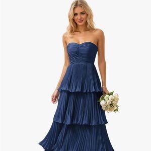 Strapless Ruffel Tiered Formal Dress Navy